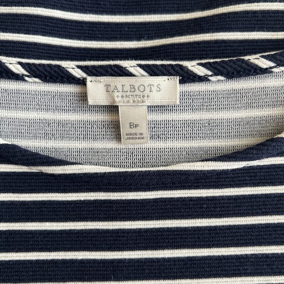 New Talbots White Navy Straps 79%Cotton 16% Polyester Long Sleeve Dress size 8P - Picture 10 of 12